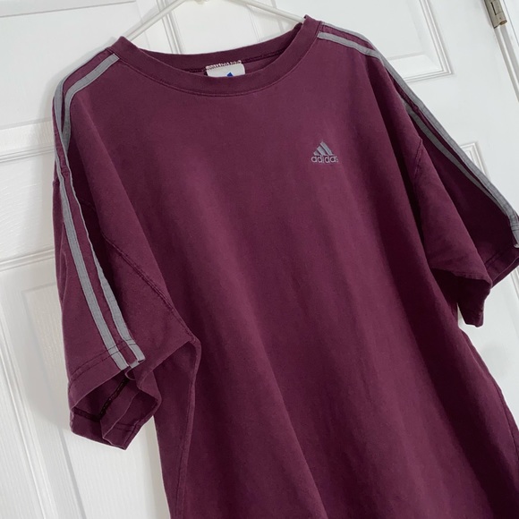 Retro Adidas Classic 3 Stripes Tee Shirt and Embroidered Logo Maroon Grey XL - Picture 2 of 14